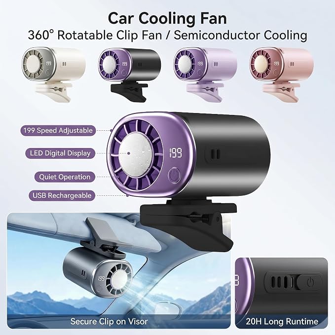 2026 Clip-on Car Air Conditioner Fan,Neck-style ice compress fan,with LED Display,360° Rotatable, 200 Speed Settings, Rechargeable Handheld Device,Suitable for Vehicles,waist,Office,Outdoor Use - Image 2