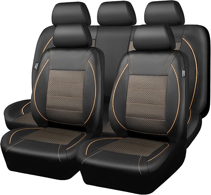 CAR PASS Piping PU Leather Car Seat Cover Full Set,Inside Zipper Design and Reserved Opening Holes,Airbag Compatible,Universal FIT for Car, SUVs,Van,Small Trucks（Full Set, Black & Gold） by CARPASS