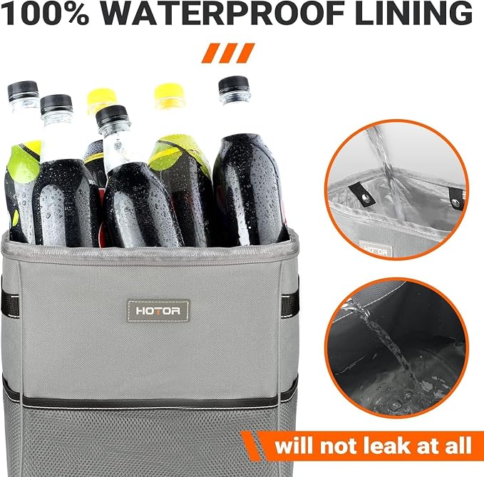 HOTOR Car Trash Can, Compact Waterproof Organizer, Leak-Proof Bin, 2-Gallon | Gray, Multifunctional Car Accessory with Adjustable Straps & Magnetic Snaps for Interior Car Storage - Image 5