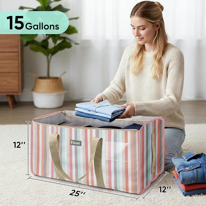 BALEINE Extra Large Storage Tote with Zippers & Carrying Handles, Heavy-Duty Oxford Fabric Moving Bags for Laundry, Space Saving, Storage, 2-Pack, Color Stripe - Image 5