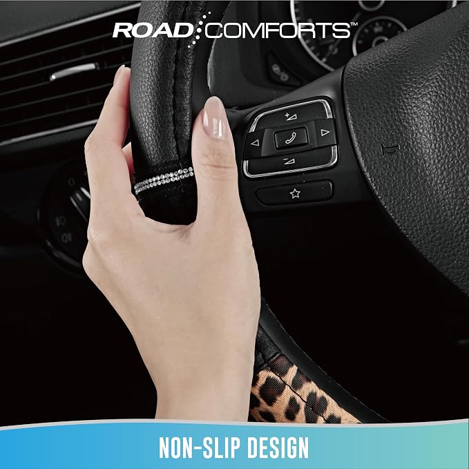 Road Comforts Leopard Steering Wheel Cover for Women, Cute Anti-Slip Microfiber Leather, Universal Fit 14.5-15 Inch Round Steering Wheel - Black - Image 8