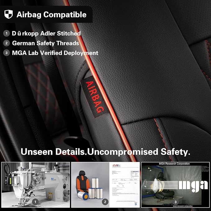 EKR Ram 1500 Seat Covers Custom Fit for (Quad Cab) RAM 1500 Tradesman 2019 2020 2021 2022 2023 2024 2025,Waterproof Black Car Seat Cover for Trucks Full Set-Faux Leather(Black with Red Piping) - Image 3