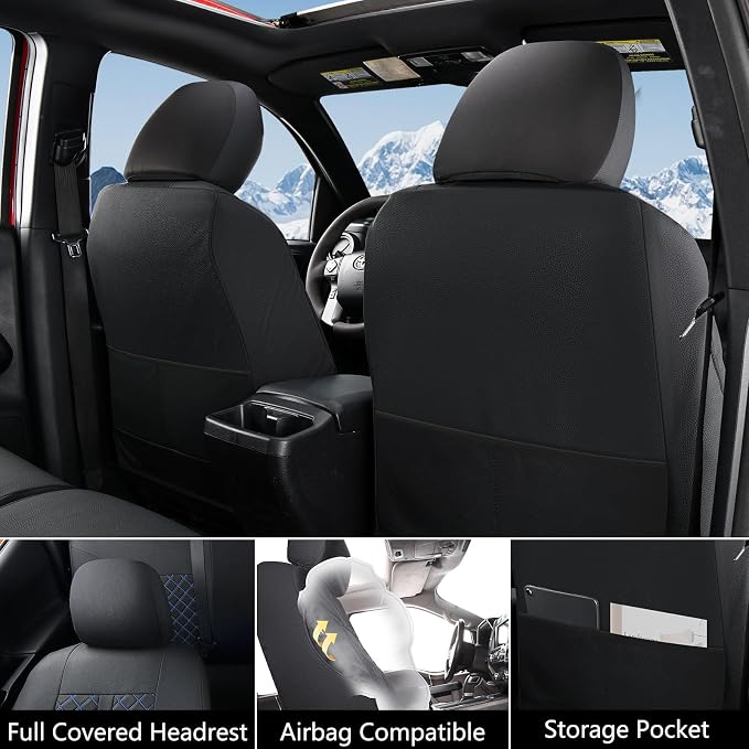 Truckiipa Seat Covers for Tacoma Full Set Leather Truck Seat Covers Waterproof Car Seat Cover Cushion Custom Fit for 2005-2015 Toyota Tacoma Double Crew Cab, Full Set, Black&Blue - Image 2