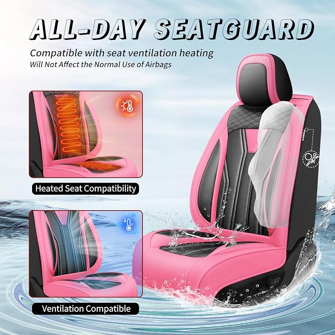 Fit Prius Premium Leather Car Seat Covers for Toyota Prius 2001-2025 2026 - Waterproof，Breathable，All-Weather Seat Cushion Protecto & Airbag Compatible, Full Set Pink&Black - Image 4