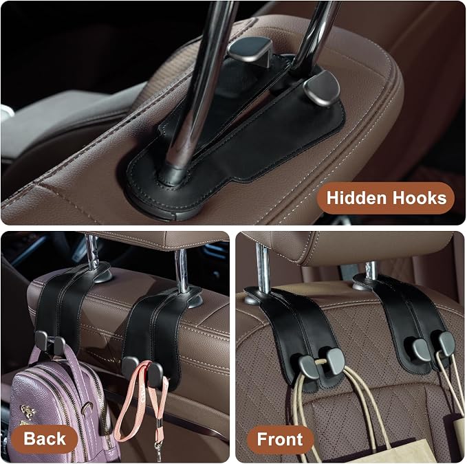CoBak Purse Hook for Car - Universal Premium Stitched Leather and Aluminum-Magnesium Alloy Double Car Seat Back Storage Hook for Purses, Handbags, Bags (2 Pack),Black - Image 5