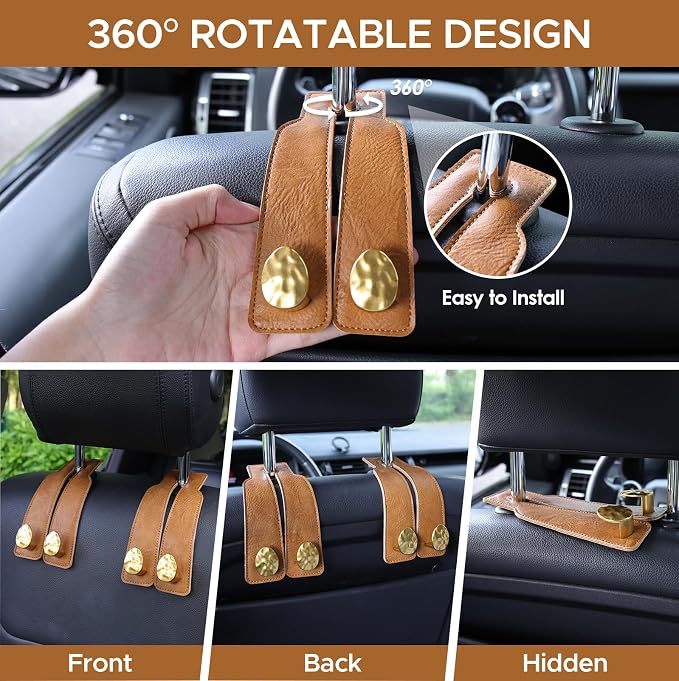 4 PCS Leather Car Seat Hooks for Headrest, Vehicle Hanger Storage Organizer Universal for Handbag Purse, Car Accessories Gift (Brown-Gold-4 PCS) - Image 4