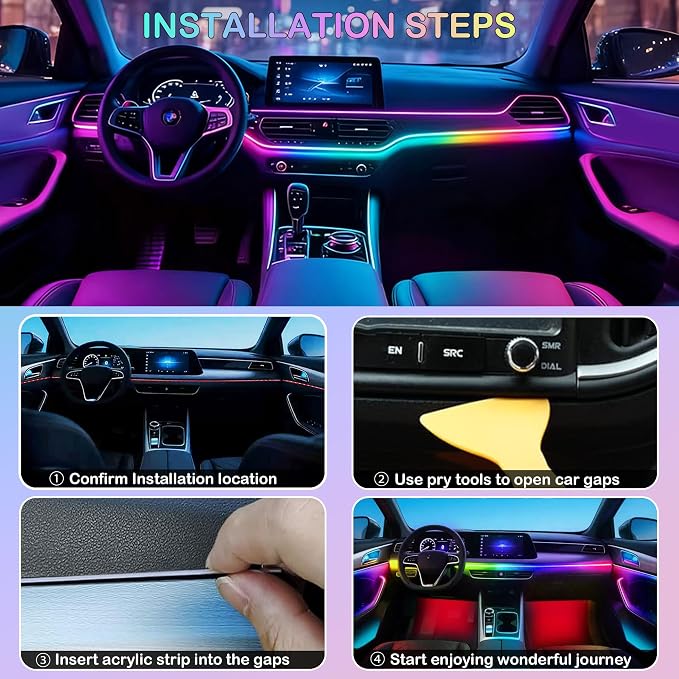 Acrylic Interior Car LED Strip Lights, USB Dreamcolor (6 in 1) | Acrylic LED Lights for Car with Wireless APP and Button Control, RGB Dynamic Chasing, Music Sync Ambient Lighting Kits - Image 8