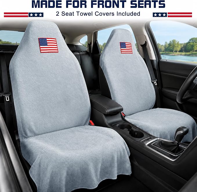 Car Seat Towel Cover, Sweat-Proof & Absorbent Microfiber Seat Protector for Gym, Workout & Beach, Universal Fit for Most Cars, SUVs & Trucks, 59"x29", Silver Gray Flag (2-Pack) - Image 2