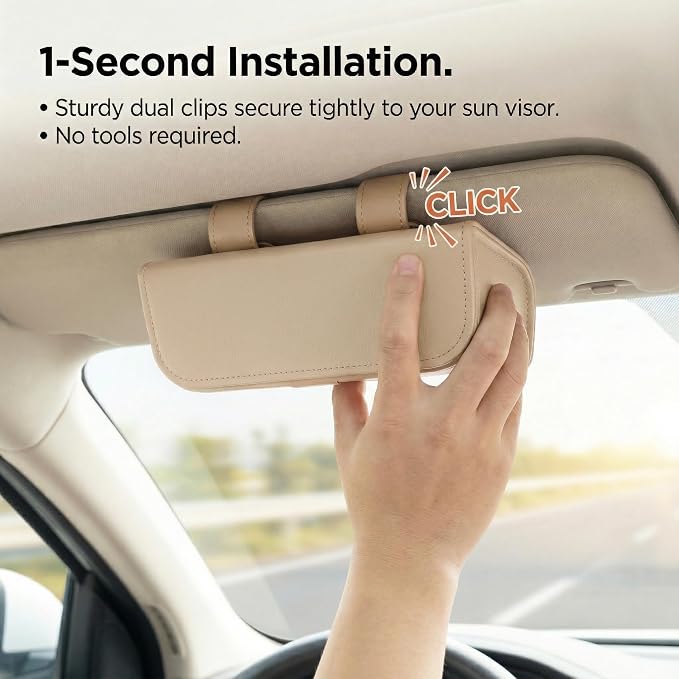 Magnetic Sunglasses Holder for Car Visor, PU Leather Clip, Beige | Soft Inner Lining, One-Handed Access, Holds Eyeglasses, Parking Tickets and Receipts, For Cars, SUVs and Trucks, 1 Pack - Image 6