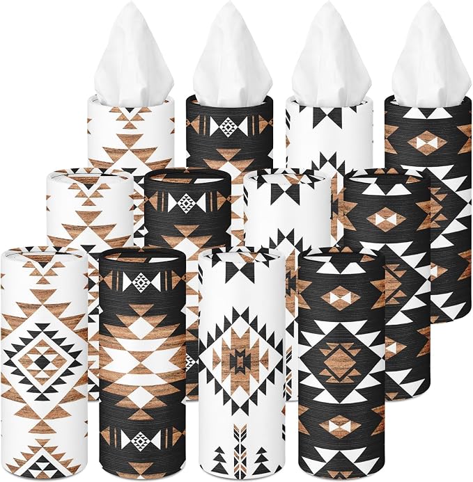 Arttown Car Tissue Holder for Cup Holder Facial Tissues 12 Pack Aztec | Western Bulk 3-Ply,Refillable Marble Print Cylinder Tissue Boxes,Fit Car Home Office School (600 Sheets Total,50 Sheets Each) by Arttown