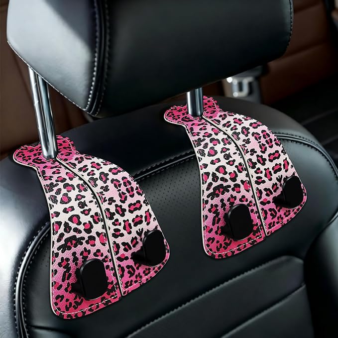 XIANGYUAN 2PCS PU Leather Car Seat Back Storage Headrest Hook,Purse Holder Bags Hanger,Women Car Accessories Organization(Pink leopard print) by XIANGYUAN