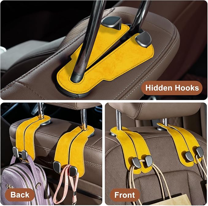 CoBak Purse Hook for Car - Universal Premium Stitched Leather and Aluminum-Magnesium Alloy Double Car Seat Back Storage Hook for Purses, Handbags, Bags (2 Pack),Bright Yellow - Image 6