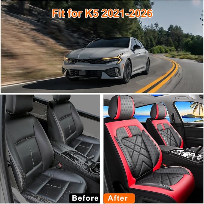 K5 Seat Covers Custom Fit for Kia K5 2021-2025 2026, Full Coverage Leather Waterproof Breathable Seat Covers Full Set, Automotive Seat Protectors, Airbag Compatible(5 Seats, Red & Black) - Image 6