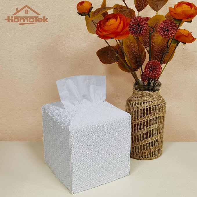 HOMOTEK 2 Pack Tissue Box Cover,PU Leather Tissue Holder,Square Decorative Facial Tissue Cube Paper Organizer Dispenser for Bathroom, Night Stands, Desk, Car 5X5X5'' - Rattan Weave, Pure White - Image 4