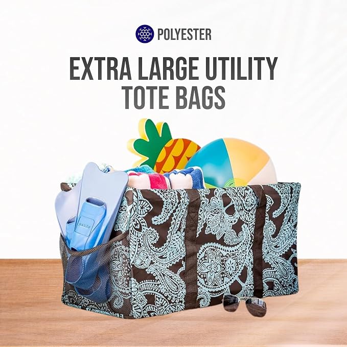 Extra Large Utility Tote Bag - Oversized Collapsible Reusable Wire Frame Rectangular Canvas Basket With Two Exterior Pockets For Beach, Pool, Laundry, Car Trunk, Storage - Paisley Blue - Image 7