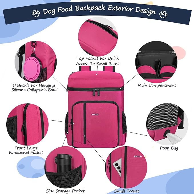 ANILD Dog Travel Bag Backpack, Flight-Ready TSA-Approved Dog Travel Bag with 2 Leak-Proof Food Canisters, 2 Foldable Silicone Bowls, Multi-Compartment Organizer for Hiking, Camping, Dog Mom Essentials - Image 3