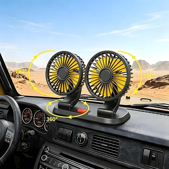12V Dual Car Fan SUV/Truck/RV, 2-Speed 360° Rotate, Cigarette Lighter Plug | Universal compatibility (cars/trucks/RVs/tractors/UTVs)，Dual-head independent 360° rotation，12V cigarette lighter powered - Image 6
