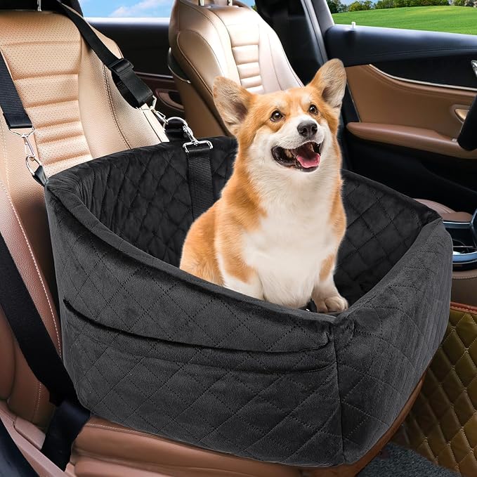 NEEZUKAR Dog Car Seat for Small Medium Dogs,Detachable Washable Dog Booster Seat Under 30lbs, Pet Car Seat Travel Bed with Storage Pockets and Dog Safety Belt (Black) by NEEZUKAR