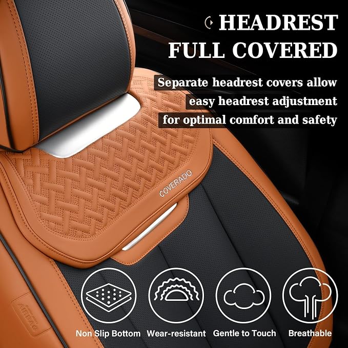 Coverado Seat Covers, Front Car Seat Cover, 2 Pack Breathable Nappa Leather Seat Cover, Waterproof Car Seat Protector, Car Seat Cushion, Universal Auto Seat Covers Fit for Most Cars (Brown&Black) - Image 3