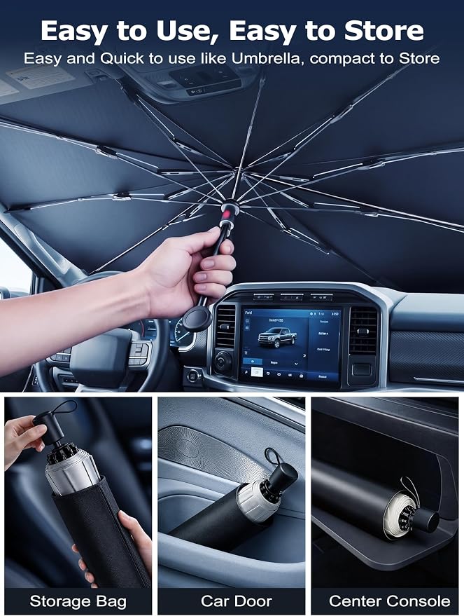 DMJN Umbrella Windshield Sun Shade for Truck, Car Sunshade for Front Windshield [Nano Ice-Crystal Coatings] UPF50+ Heat & UV Block, Protect Interior & Keep Cooler Universal for Truck & Large SUV - Image 9