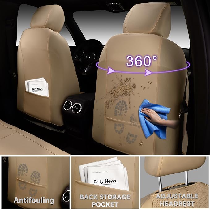CAR PASS Nappa Leather Seat Covers Full Set, 3D Foam Faux Leather Car Seat Covers with Lumbar Support, Water Resistant Comfort & Universal Fit for Cars SUV Truck Most Vehicles, All Beige - Image 4