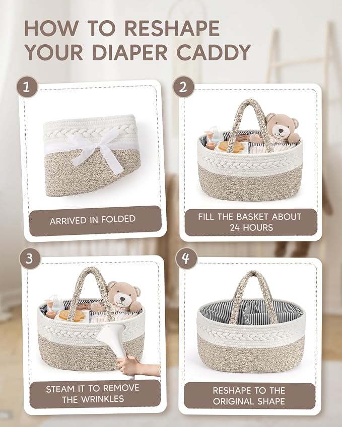 Maliton Diaper Caddy Organizer for Baby, Cotton Rope Baby Gift Basket, Portable Diaper Organizer for changing table, Nursery Storage Organizer, Shower Gifts for Newborn,baby essentials | 100% Cotton Rope Baby Caddy, Soft Yet Structured, Nursery, Car & ... - Image 7