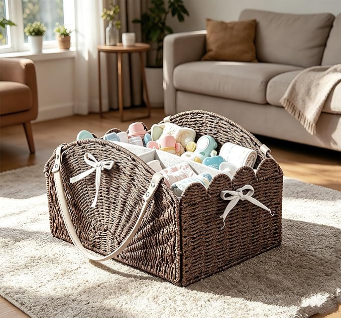 Diaper Caddy Foldable Collapsible Storage Basket Textured Woven Nursery Organizer with Removable Divider Portable for Changing Table Car Travel Baby Registry Essentials (Brown) - Image 2