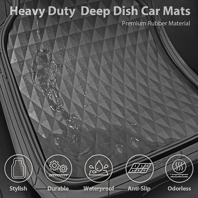 CAR PASS Deep Dish Heavy Duty Rubber Car Floor Mats All Weather, Gray | 3D Rhombus Waterproof, Durable Anti-Slip, Trim to Fit Liner Universal Fit 95% Automotive Sedan SUV Truck, Easy Clean 3 Pieces - Image 6