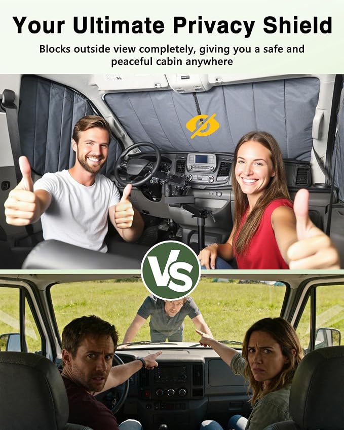 Insulated Windshield Cover Fit for Ford Transit Medium/High Roof | 150 250 350 2015-2025, Blackout Privacy & Thermal Insulation Van Front Windshield Shades, All-Season Van Life Camping, Gray - Image 3