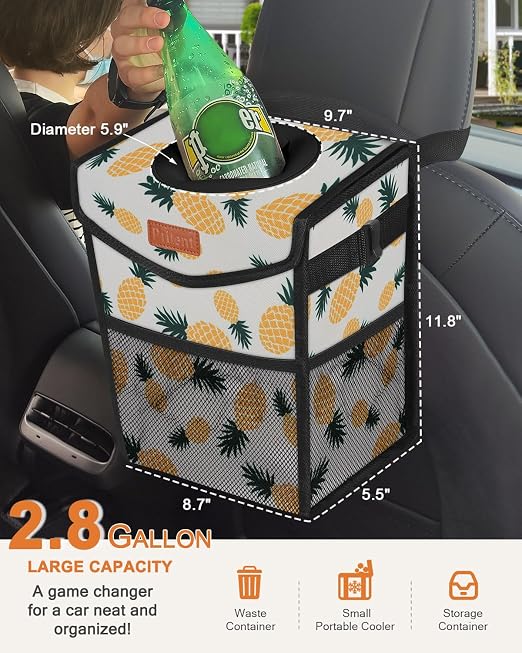 Pritent Car Trash Can with Lid Leakproof Car Garbage Bag Vehicle Trash Bin | Hanging Automotive Garbage Can,Multipurpose Car Accessories for Women Men Interior Car Storage Organizer(2.8 Gal,Pineapple) - Image 2