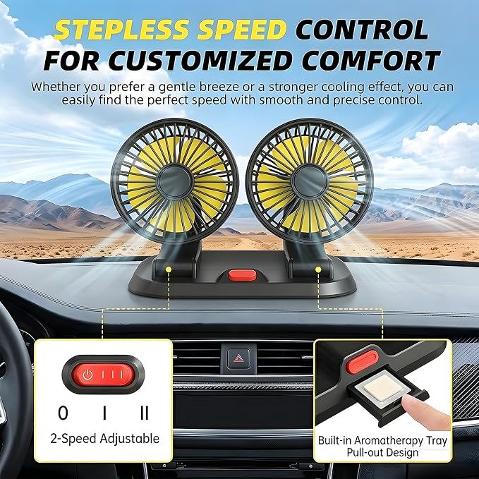 12V Dual Car Fan SUV/Truck/RV, 2-Speed 360° Rotate, Cigarette Lighter Plug | Universal compatibility (cars/trucks/RVs/tractors/UTVs)，Dual-head independent 360° rotation，12V cigarette lighter powered - Image 2