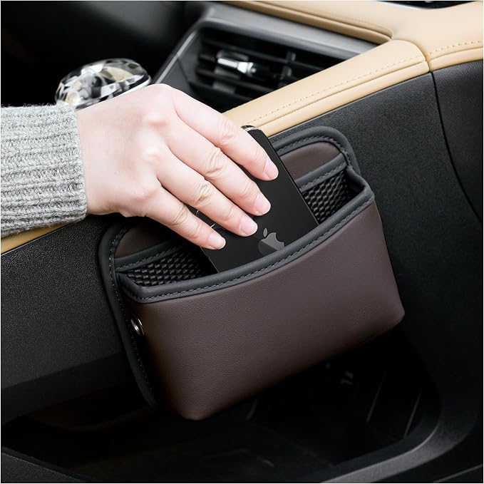 JEYODA Car Seat Side Storage Pocket, Small Organizer,PU Leather Multifunctional Console Side Organizer Bag for Phone, keys, sunglass,wallet,ect (Brown) - Image 3