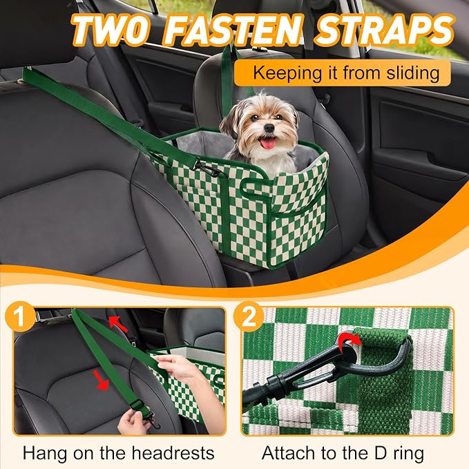 Console Dog Car Seat for Small Dogs, Foldable Booster Seat, Green Checkered | Portable Booster Seat Sits On Car Console/ Armrest. Foldable for Easy Storage. for Center Console, Easy To Clean. - Image 5