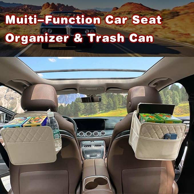 Witaxima 2 Pack Upgraded Car Seat Organizer Backseat with Storage Pockets, Multipurpose Car Organizer Hanging Car Trash Bag Premium PU Leather Garbage Can 2.14 Gallon Large Capacity Accessories Beige - Image 7