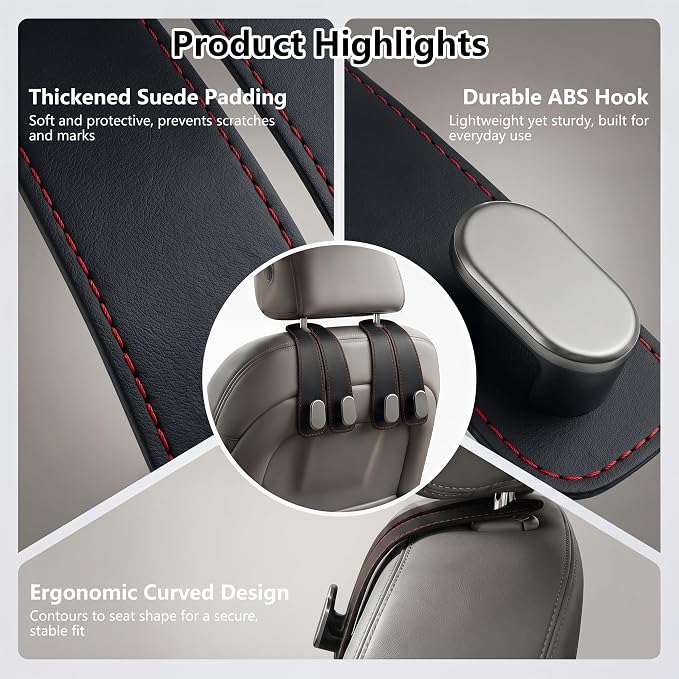Car Seat Headrest Hooks for Purses & Shopping Bags, 2 Pack Suede Car Purse Hook, Double Hooks Secure Bags While Driving, Elegant & Durable, Simple to Install, Fits Handbags, Grocery Bags, Bottles. - Image 3