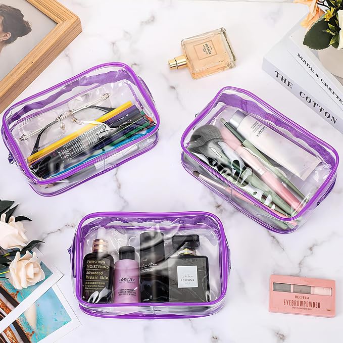 12 Pack Clear Makeup Bag, TSA Approved Toiletry Bag Zippered Clear Cosmetic Pouch, Waterproof Vinyl Plastic Organizer Case for Travel Vacation Bathroom (Purple) - Image 7