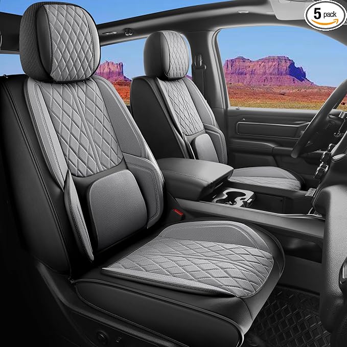 Custom Fit Chevy Silverado GMC Sierra 1500 2007-2026 2500/3500 HD Crew Cab Full Set Car Seat Covers - 5 Pack, Premium Faux Leather Truck Seat Protector with Airbag Compatible Design, BlackGrey by DuDuWang