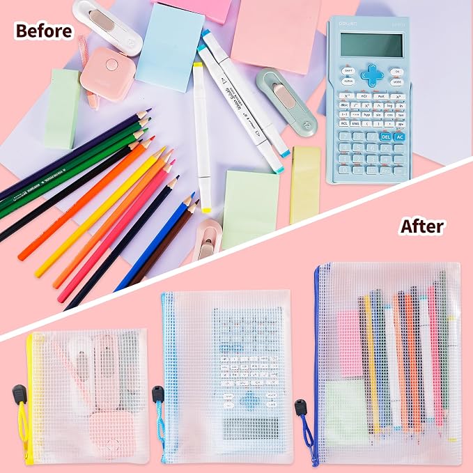 24pcs Mesh Zipper Pouch Bags 8 Sizes Plastic Clear Pouches for Organization | Multiple Sizes Waterproof File Bag Reusable Storage Bags for Classroom Travel Board Game Office Supplies - Image 5