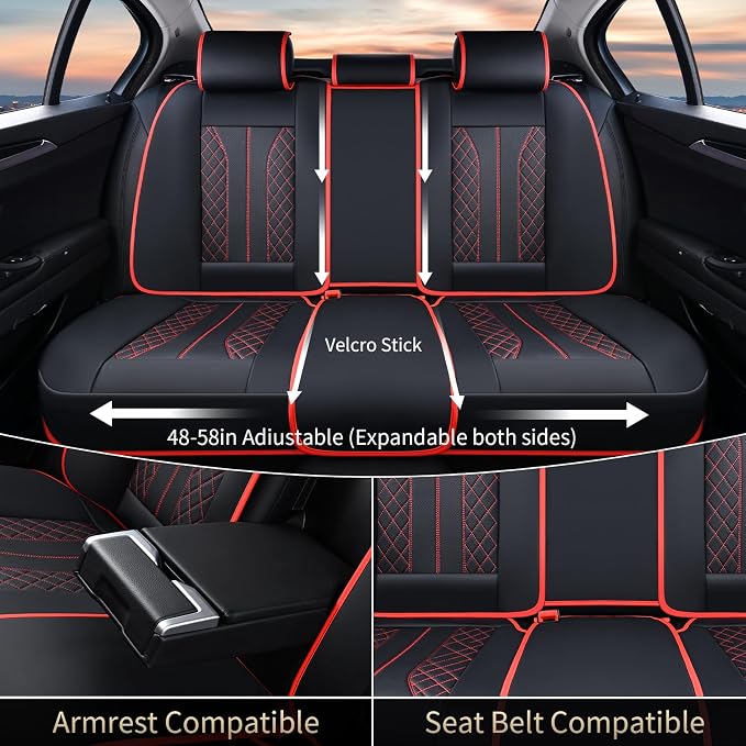 FLORICH Car Seat Covers Front Seats and Back Faux Leather Seat Cover Waterproof Seat Covers Car Seat Cushion 5 Seats Car Seat Protector Universal Fit for Most Cars SUV Trucks, Black&Red - Image 4