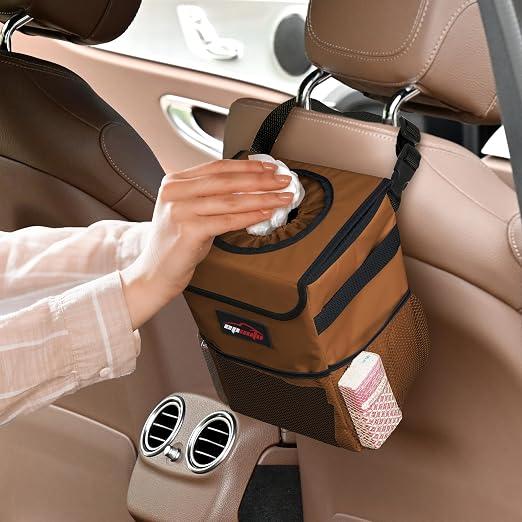 EPAuto Waterproof Car Trash Can with Lid and Pockets, 2.5 Gal, Brown | Leakproof, Collapsible Multipurpose Car Bin with 3 Side Storage Pockets, Adjustable Straps - Image 8