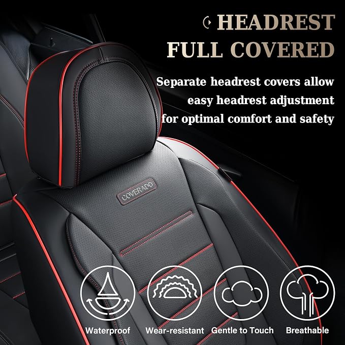 Coverado Seat Covers, Car Seat Covers Front Seats, Car Seat Cover, Car Seat Protector Waterproof, Car Seat Cushion Nappa Leather, Seat Covers for Cars Carseat Cover Universal Fit for Most Cars-Redline - Image 5