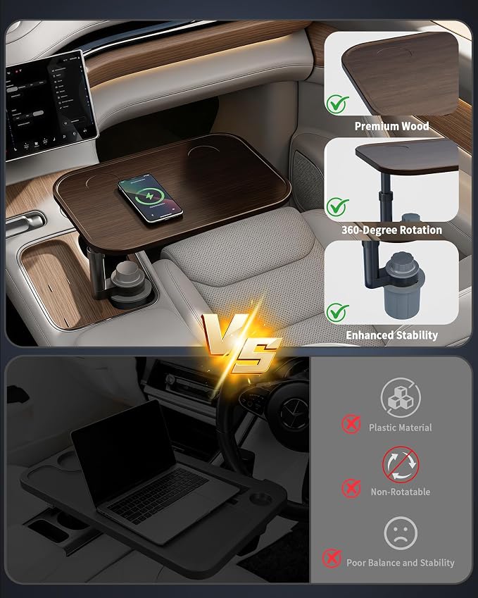 Car Desk for Laptop, Car Table & Car Tray with 360° Rotating Cup Holder, Adjustable Height Car Food Tray, As Car Table Tray or Car Seat Tray, Compatible with Tesla Model 3/Y/S, Ford/Most Vehicles - Image 5