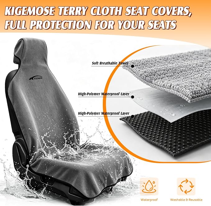 2 Pack Towel Car Seat Covers, Waterproof Washable Front Seat Protectors with Soft Terry Cloth, Non-Slip Backing, Universal Fit for Cars SUVs Trucks,Gym,Beach,Pets, Kids,Road Trips (Gray) - Image 4