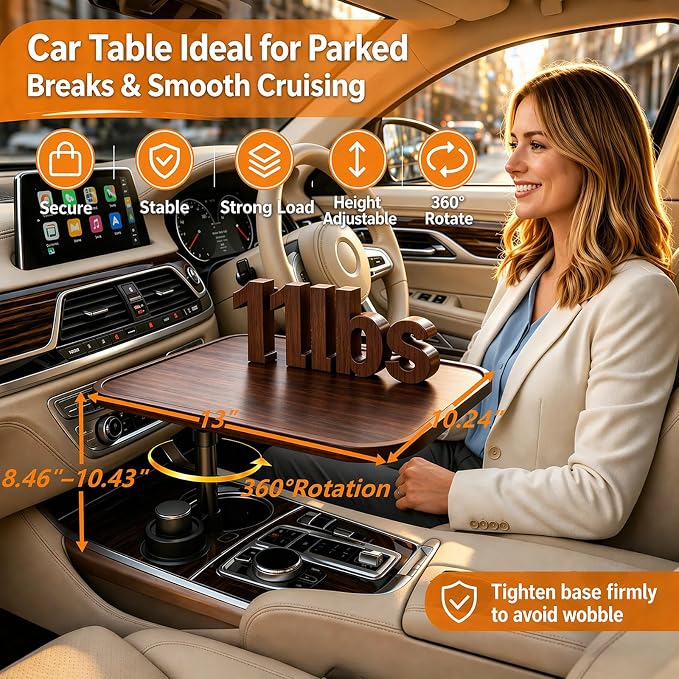 Wisamic Car Table Tray & Car Desk for Laptop - 360° Wooden Cup Holder Table | 360° Rotation Drive Thru Car Food Tray, Height-Adjustable Car Laptop Desk Mount, Fits for Tesla Model Y/3/S and Most Vehicles - Image 4