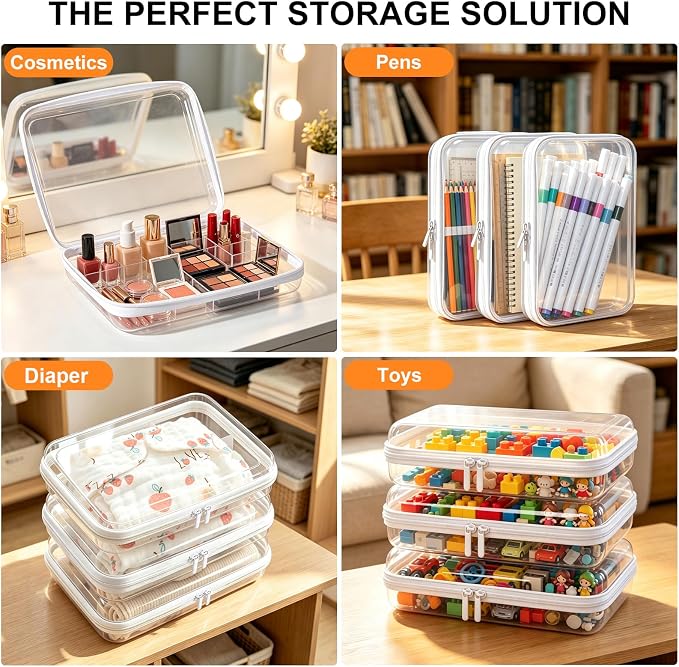 Clear Hard Shell Zipper Case, Crush-Proof Clear Zipper Pouches, TSA Approved Travel Toiletry Bag, Waterproof Makeup Bag & Diaper Bag, Organizer Bins for Toy Storage, Travel Accessories L+2S White - Image 5