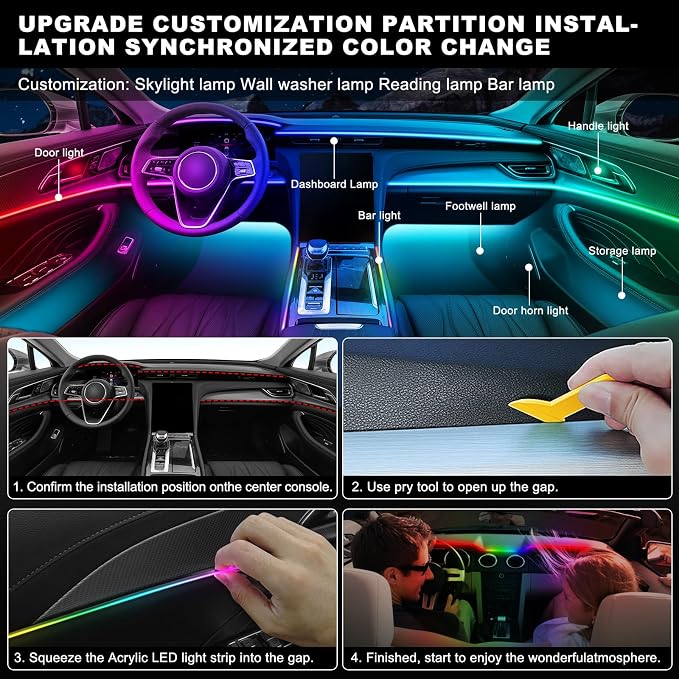 Dreamcolor Acrylic Interior Car LED Strip Light with Wireless APP, RGB 6 in 1 with 175 inches 600 LEDs Fiber Optic Car Ambient Lighting Kits, Sound Active Function LED Strip for Car Accessories - Image 6