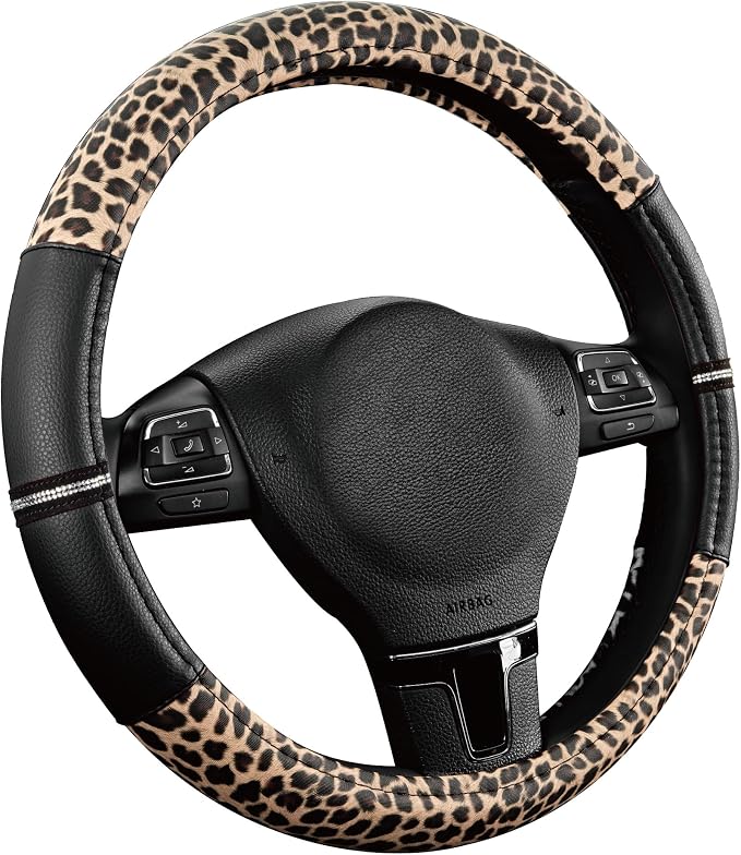 Road Comforts Leopard Steering Wheel Cover for Women, Cute Anti-Slip Microfiber Leather, Universal Fit 14.5-15 Inch Round Steering Wheel - Black - Image 2