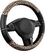 Road Comforts Leopard Steering Wheel Cover for Women, Cute Anti-Slip Microfiber Leather, Universal Fit 14.5-15 Inch Round Steering Wheel - Black - Image 2