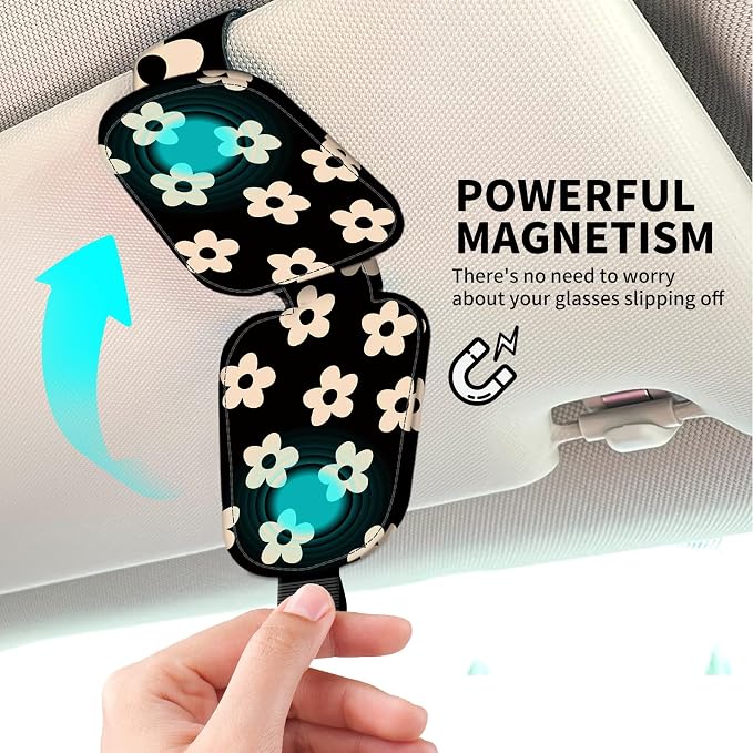 Leather Magnetic Sunglass Holder for Car Sun Visor, Cute Eyeglass Ticket Card Hanger Clip, Universal Auto Interior Accessories for SUV Pickup Truck, Black Daisy - Image 3