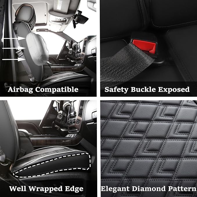Chevy Silverado Seat Covers,Leather Seat Covers for GMC Sierra,Custom Fit 2007-2026 1500 2500HD 3500HD Crew Double Extended Regular Cab,LT LZT RST Trail Boss(Front Pair,Black Grey) - Image 2